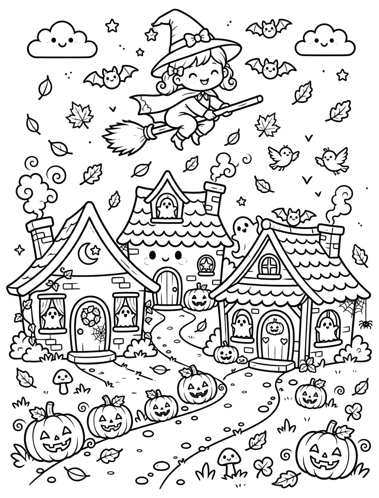 Cozy Kawaii Haunted House Coloring Page – Free Download